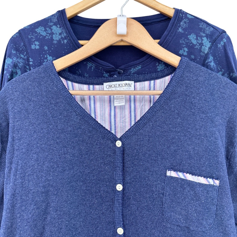 Y2K BUNDLE Eddie Bauer Carole Hochman Floral Henley Thermal Ribbed Set Blue L
